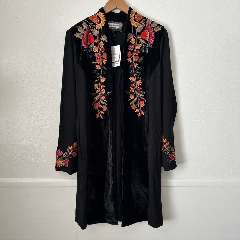 NWT Vintage Collection Velvet Embroidered Floral Boho Long Cardigan Black Small